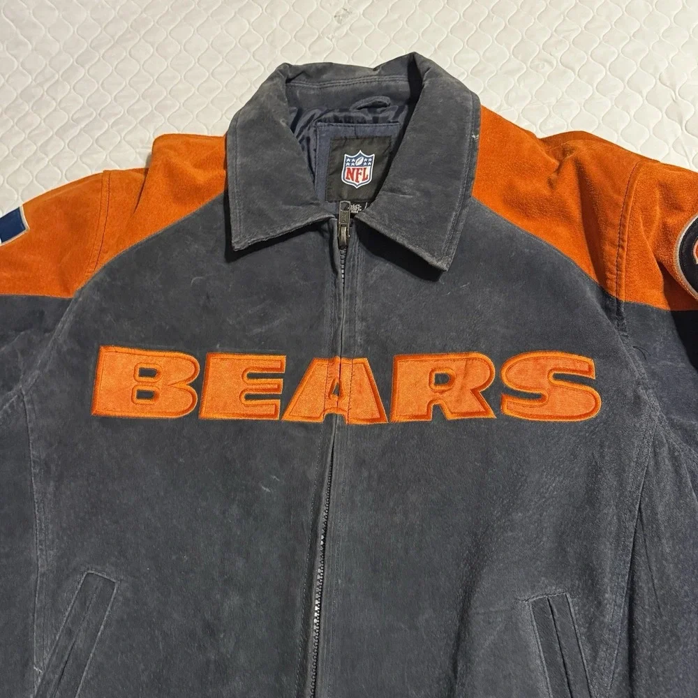 NFL Chicago Bears Mens Sz L Suede Bomber Jacket SUPERBOWL Vtg 90s Patch Blue - Picture 2 of 14